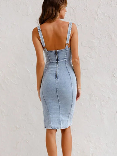Summer New U Neck Halter Denim For Women's Dresses Fashion Slim Fit Wrap Hip Retro Female Party Sexy Split Denim Dresses - MAGUSTA BEAUTY