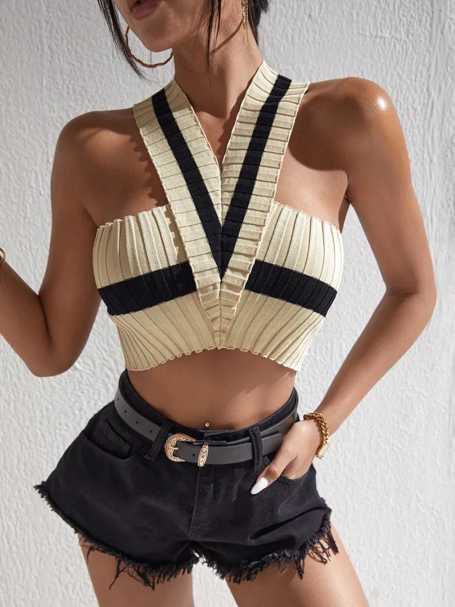 Summer New Women Sexy Casual Colorblock Crisscross Backless Halter Knit Crop Tops Femme Slim Stretch Sleeveless Y2k Tank Tee - MAGUSTA BEAUTY