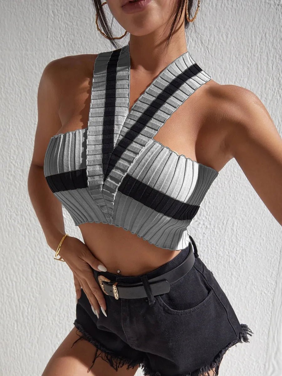 Summer New Women Sexy Casual Colorblock Crisscross Backless Halter Knit Crop Tops Femme Slim Stretch Sleeveless Y2k Tank Tee - MAGUSTA BEAUTY