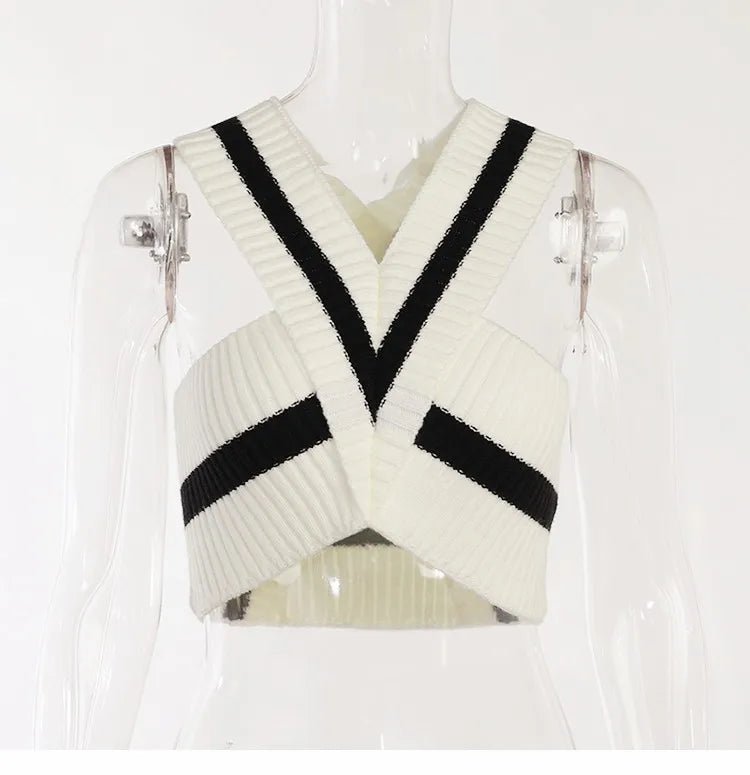 Summer New Women Sexy Casual Colorblock Crisscross Backless Halter Knit Crop Tops Femme Slim Stretch Sleeveless Y2k Tank Tee - MAGUSTA BEAUTY