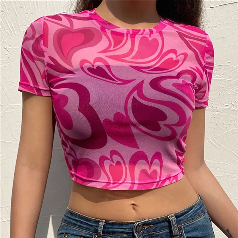 T-shirt Vrouwen Zomer Roze Hart Gedrukt Esthetiek See Through Mesh Koreaanse Korte Mouw Voor Zoete Kawaii Meisjes 2022 Crop top - MAGUSTA BEAUTY