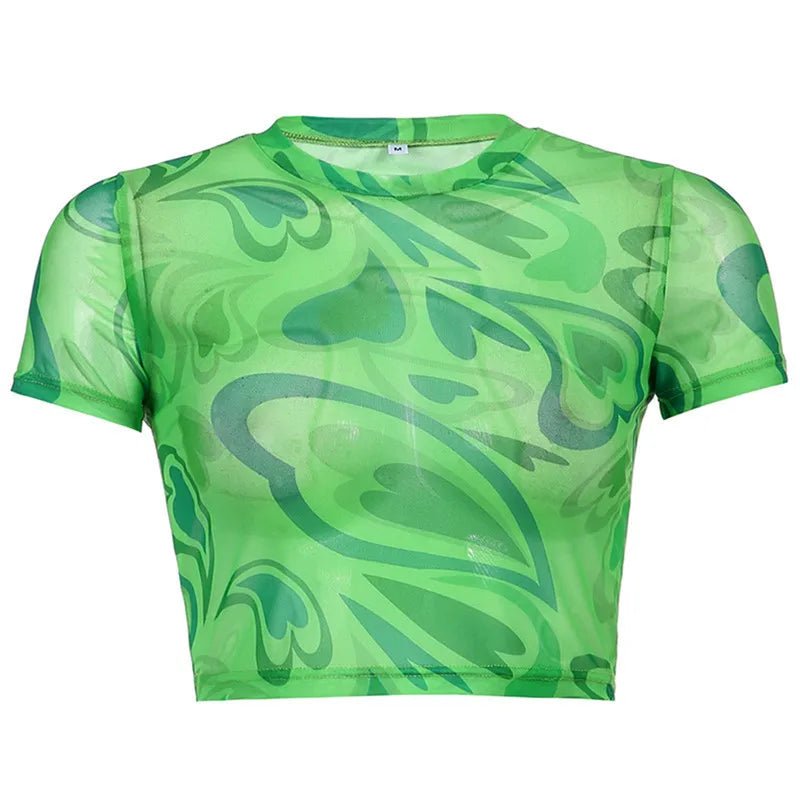T-shirt Vrouwen Zomer Roze Hart Gedrukt Esthetiek See Through Mesh Koreaanse Korte Mouw Voor Zoete Kawaii Meisjes 2022 Crop top - MAGUSTA BEAUTY