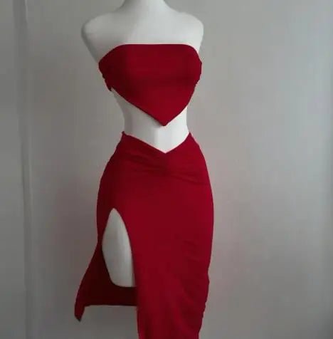 The 2025 summer new women's sexy slit strapless solid color half skirt fashion set - MAGUSTA BEAUTY