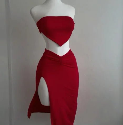 The 2025 summer new women's sexy slit strapless solid color half skirt fashion set - MAGUSTA BEAUTY