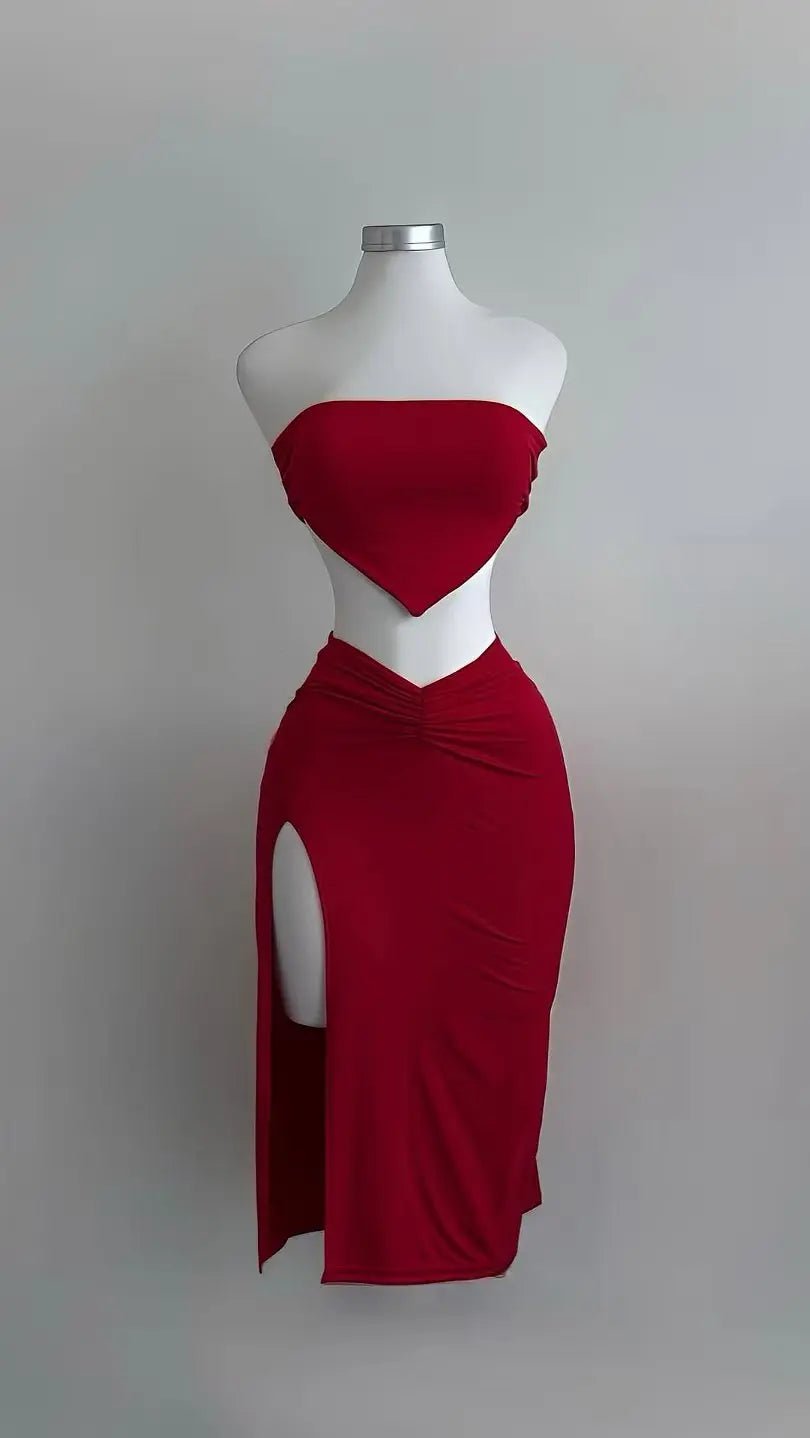 The 2025 summer new women's sexy slit strapless solid color half skirt fashion set - MAGUSTA BEAUTY