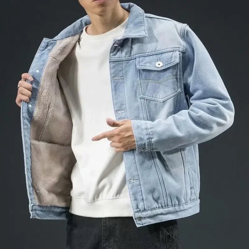 Thickened Fleece-Lined Denim Jacket Men's Loose Fit Warm Work Clothes Trendy Korean Style Versatile Plus Size Casual Wear - MAGUSTA BEAUTY