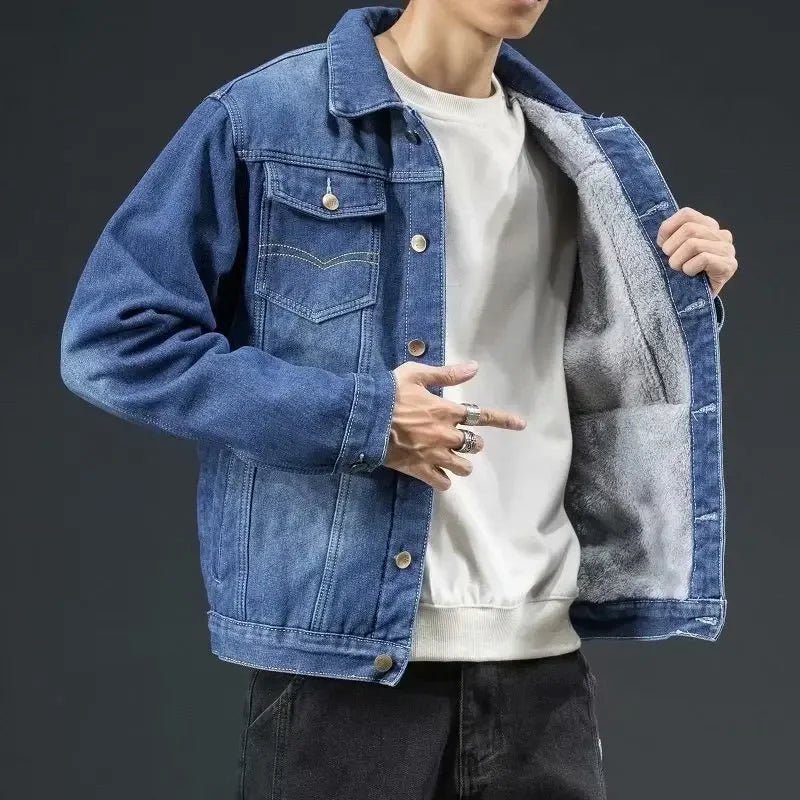 Thickened Fleece-Lined Denim Jacket Men's Loose Fit Warm Work Clothes Trendy Korean Style Versatile Plus Size Casual Wear - MAGUSTA BEAUTY