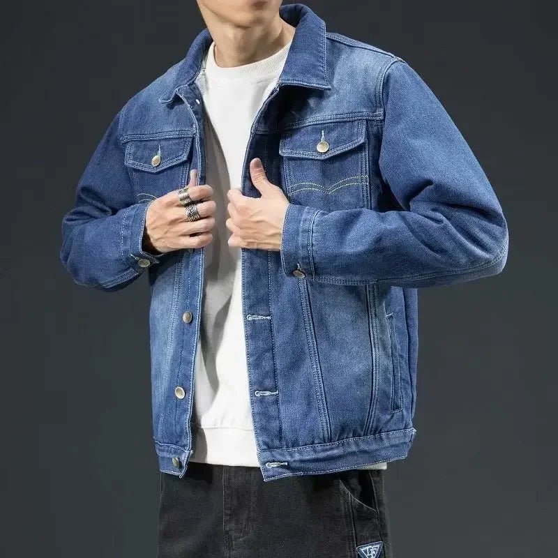 Thickened Fleece-Lined Denim Jacket Men's Loose Fit Warm Work Clothes Trendy Korean Style Versatile Plus Size Casual Wear - MAGUSTA BEAUTY
