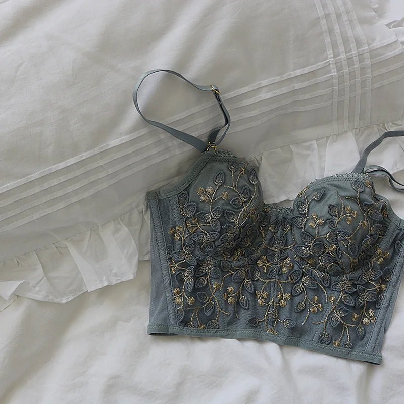 Three-dimensional embroidered bra sexy lace fish bone corset widened breasted with steel ring 2/1 half cup bralette underwear - MAGUSTA BEAUTY