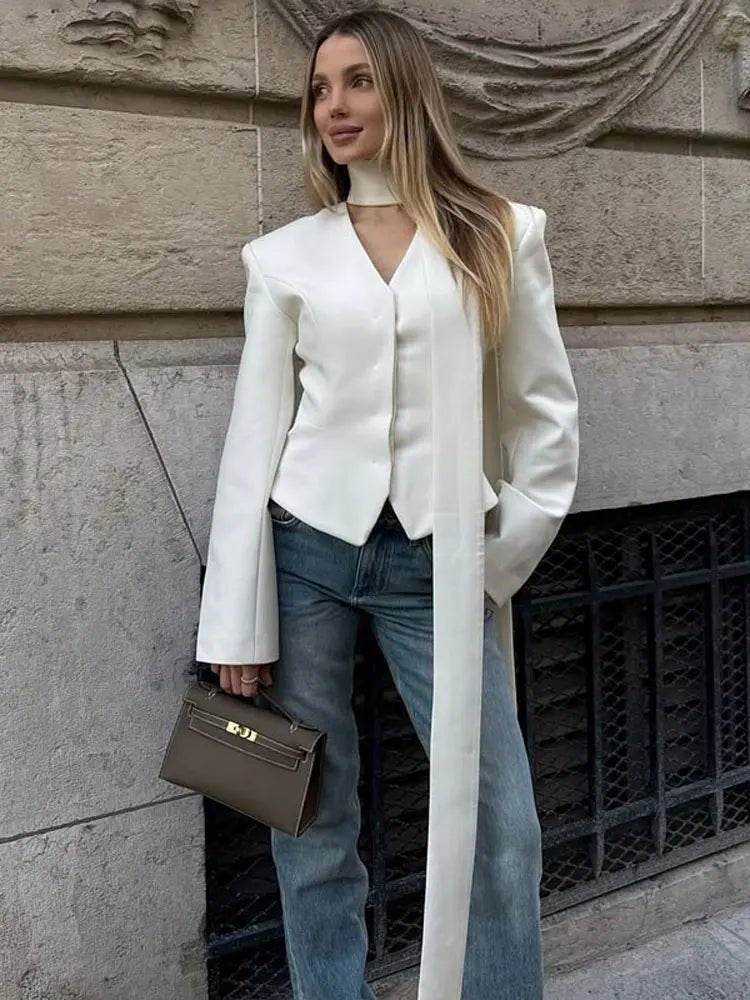 Tossy Elegant Female Striped Suit Coat For Women Scarf Lace-Up Patchwork V-Neck Long Sleeve Luxury Outwear Female Jackets Coat - MAGUSTA BEAUTY