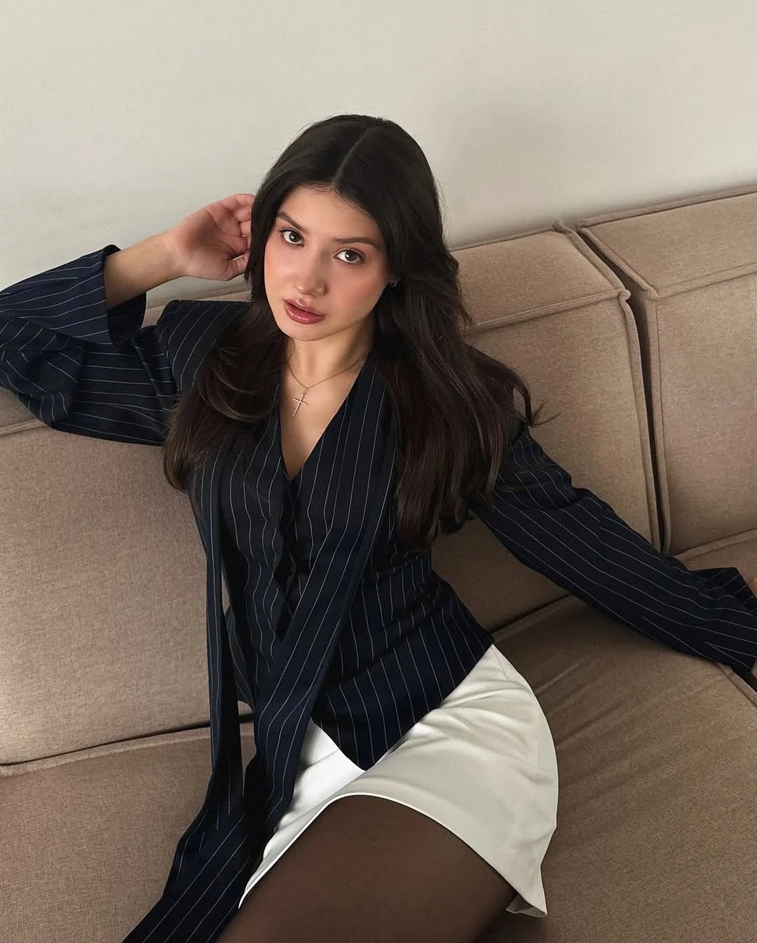 Tossy Elegant Female Striped Suit Coat For Women Scarf Lace-Up Patchwork V-Neck Long Sleeve Luxury Outwear Female Jackets Coat - MAGUSTA BEAUTY