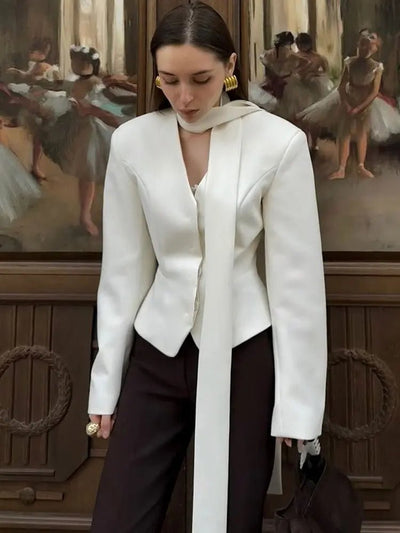 Tossy Elegant Female Striped Suit Coat For Women Scarf Lace-Up Patchwork V-Neck Long Sleeve Luxury Outwear Female Jackets Coat - MAGUSTA BEAUTY