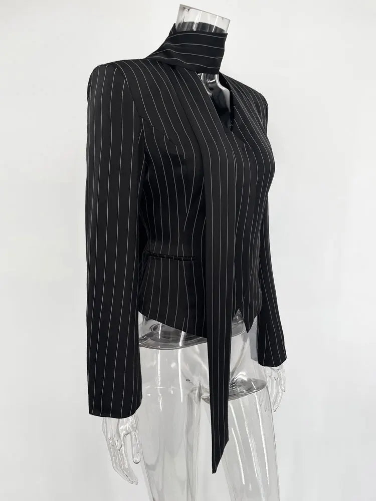 Tossy Elegant Female Striped Suit Coat For Women Scarf Lace-Up Patchwork V-Neck Long Sleeve Luxury Outwear Female Jackets Coat - MAGUSTA BEAUTY