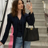 Tossy Elegant Female Striped Suit Coat For Women Scarf Lace-Up Patchwork V-Neck Long Sleeve Luxury Outwear Female Jackets Coat - MAGUSTA BEAUTY