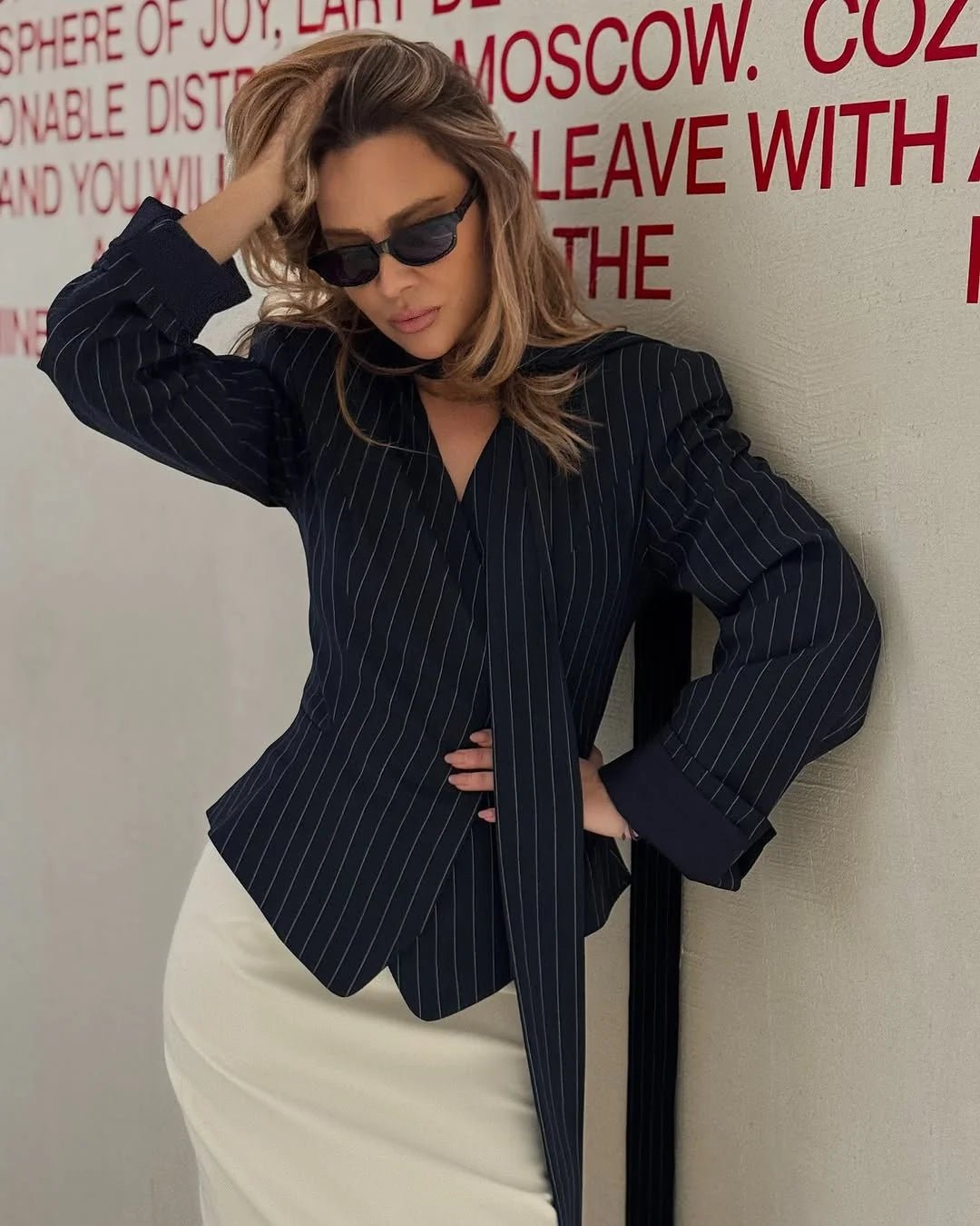 Tossy Elegant Female Striped Suit Coat For Women Scarf Lace-Up Patchwork V-Neck Long Sleeve Luxury Outwear Female Jackets Coat - MAGUSTA BEAUTY