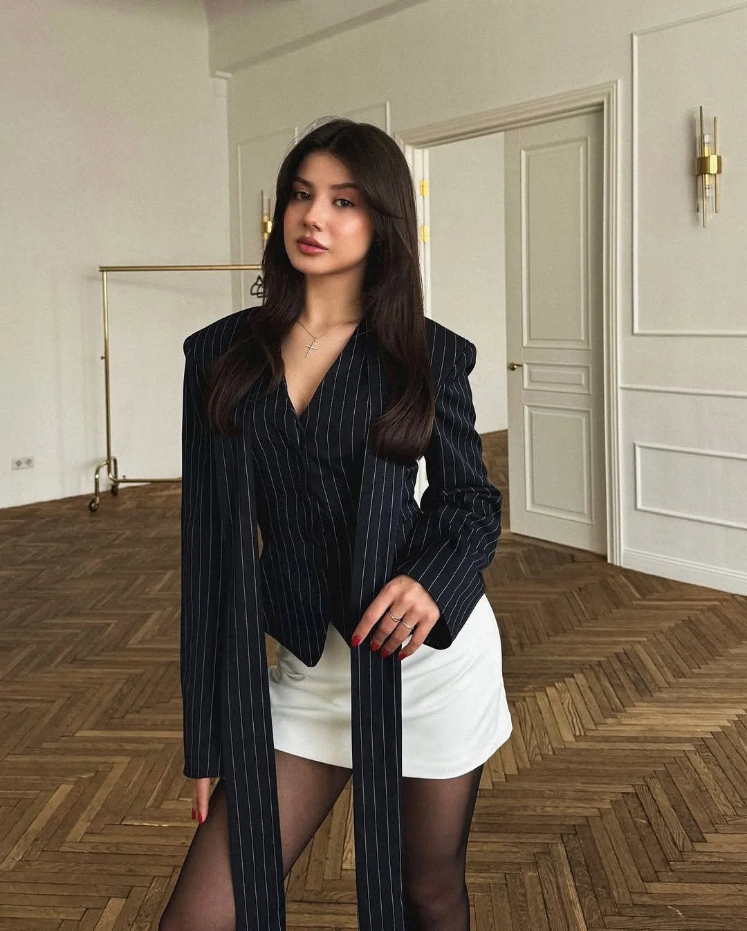 Tossy Elegant Female Striped Suit Coat For Women Scarf Lace-Up Patchwork V-Neck Long Sleeve Luxury Outwear Female Jackets Coat - MAGUSTA BEAUTY