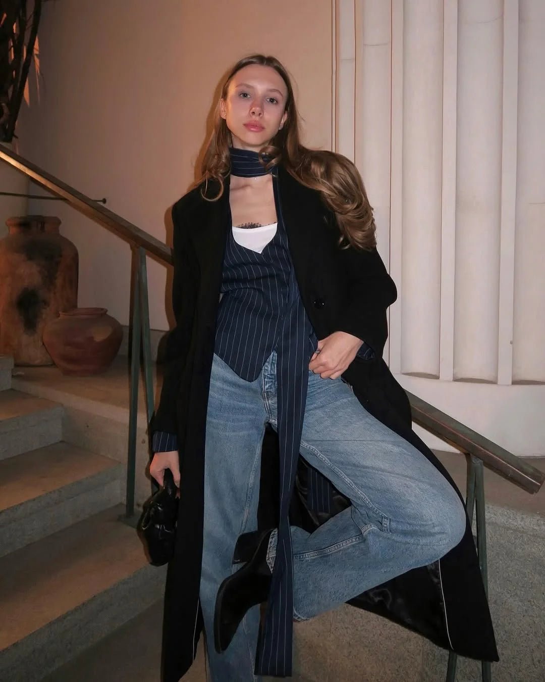 Tossy Elegant Female Striped Suit Coat For Women Scarf Lace-Up Patchwork V-Neck Long Sleeve Luxury Outwear Female Jackets Coat - MAGUSTA BEAUTY