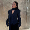 Tossy Elegant Female Striped Suit Coat For Women Scarf Lace-Up Patchwork V-Neck Long Sleeve Luxury Outwear Female Jackets Coat - MAGUSTA BEAUTY