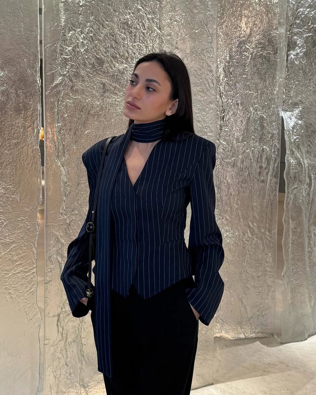 Tossy Elegant Female Striped Suit Coat For Women Scarf Lace-Up Patchwork V-Neck Long Sleeve Luxury Outwear Female Jackets Coat - MAGUSTA BEAUTY