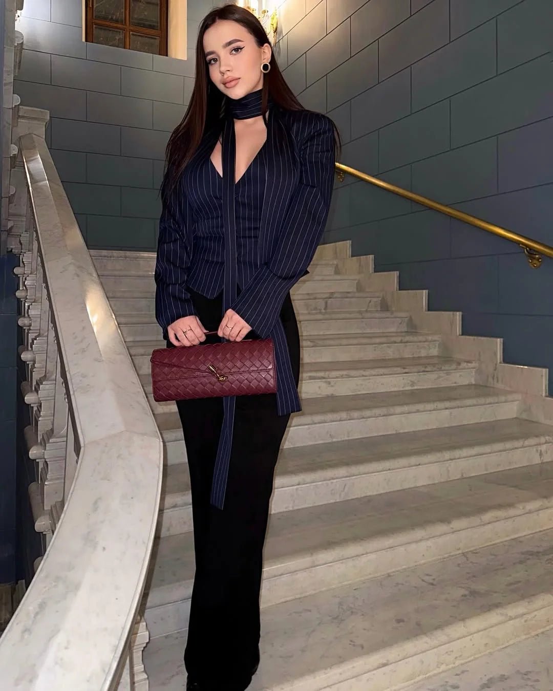 Tossy Elegant Female Striped Suit Coat For Women Scarf Lace-Up Patchwork V-Neck Long Sleeve Luxury Outwear Female Jackets Coat - MAGUSTA BEAUTY