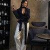 Tossy Elegant Female Striped Suit Coat For Women Scarf Lace-Up Patchwork V-Neck Long Sleeve Luxury Outwear Female Jackets Coat - MAGUSTA BEAUTY