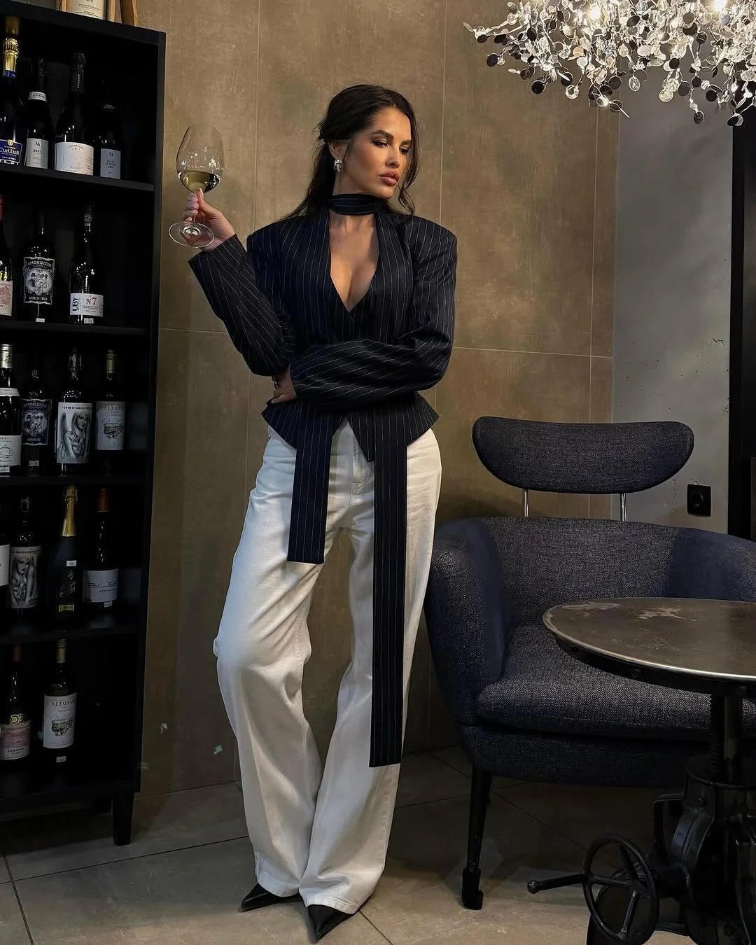 Tossy Elegant Female Striped Suit Coat For Women Scarf Lace-Up Patchwork V-Neck Long Sleeve Luxury Outwear Female Jackets Coat - MAGUSTA BEAUTY