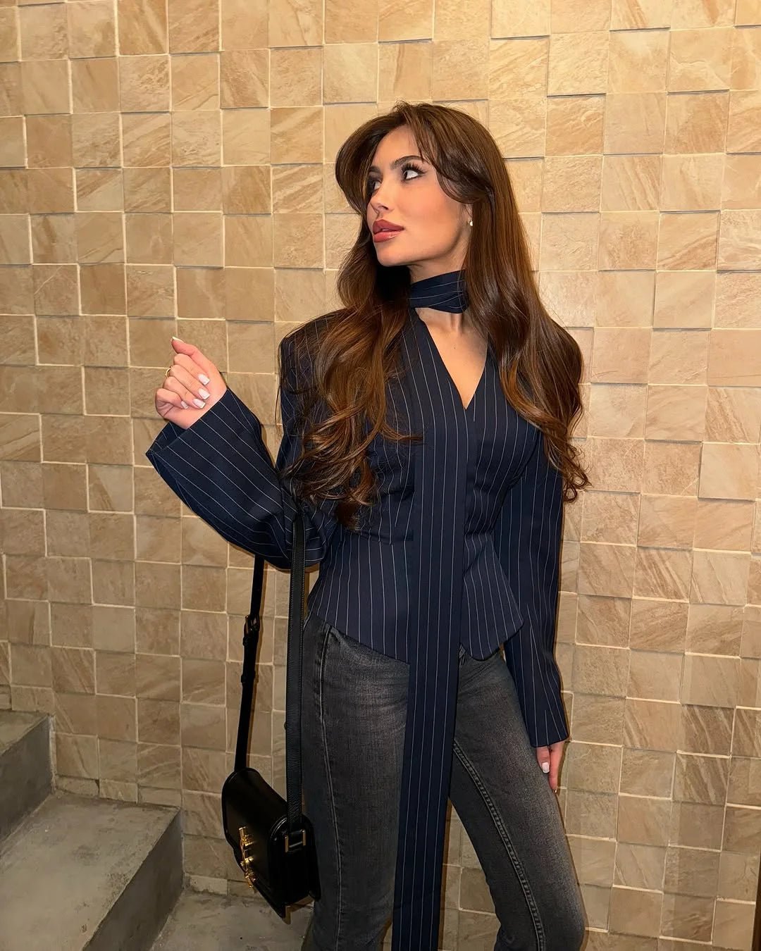 Tossy Elegant Female Striped Suit Coat For Women Scarf Lace-Up Patchwork V-Neck Long Sleeve Luxury Outwear Female Jackets Coat - MAGUSTA BEAUTY
