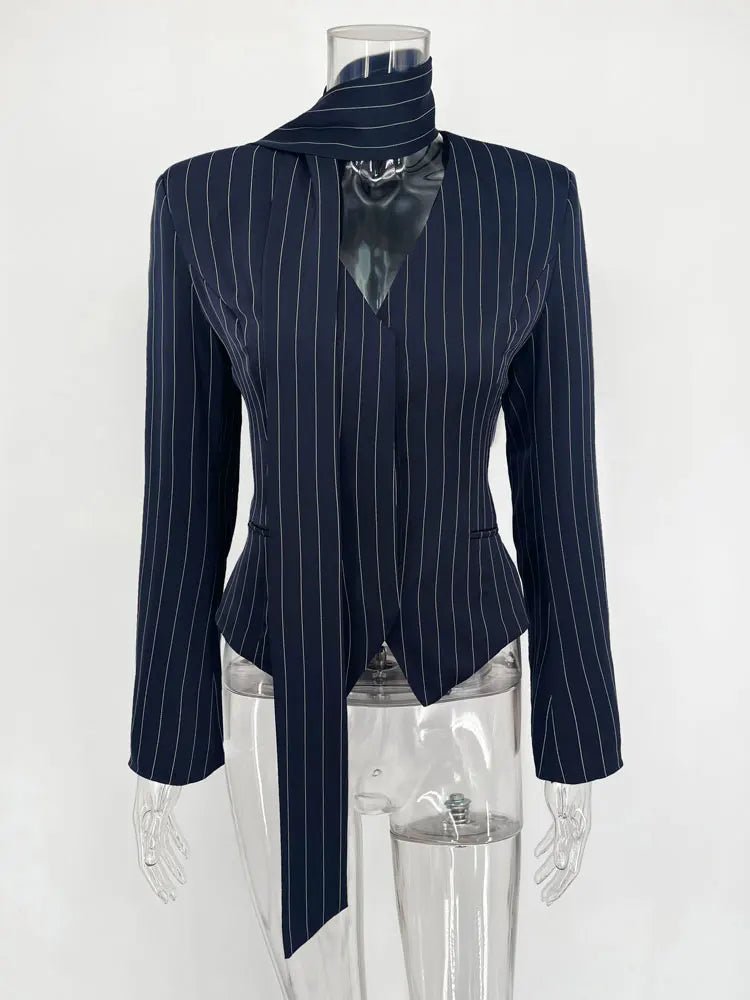 Tossy Elegant Female Striped Suit Coat For Women Scarf Lace-Up Patchwork V-Neck Long Sleeve Luxury Outwear Female Jackets Coat - MAGUSTA BEAUTY
