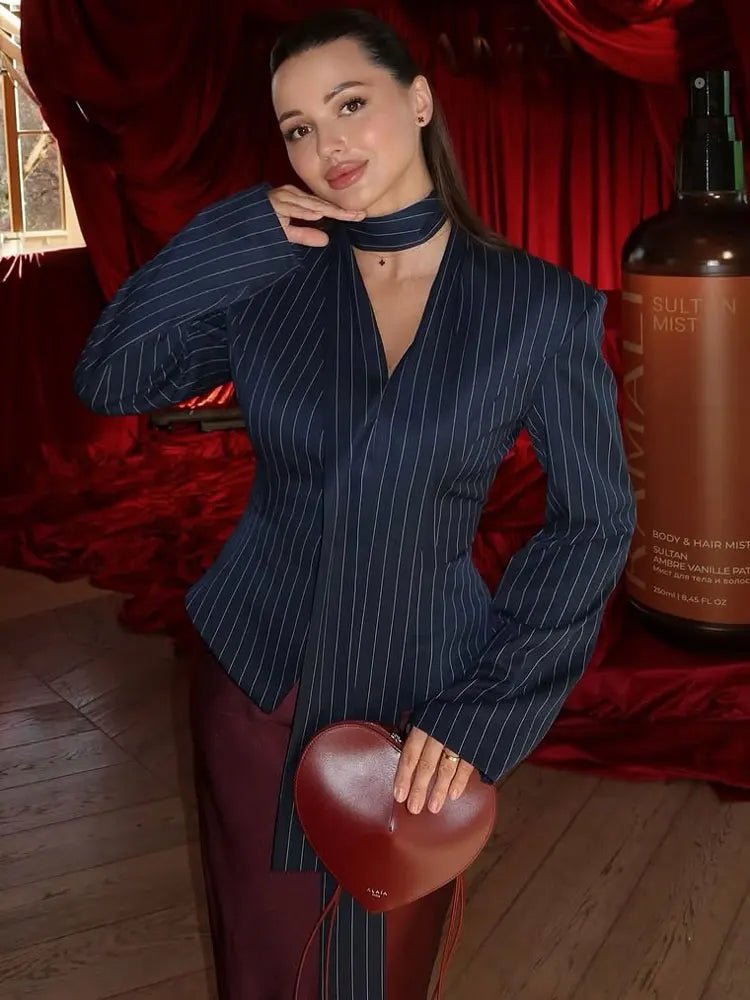 Tossy Elegant Female Striped Suit Coat For Women Scarf Lace-Up Patchwork V-Neck Long Sleeve Luxury Outwear Female Jackets Coat - MAGUSTA BEAUTY