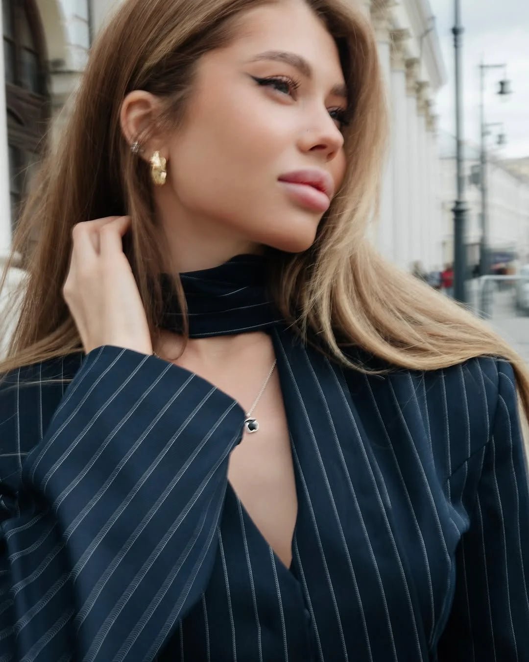 Tossy Elegant Female Striped Suit Coat For Women Scarf Lace-Up Patchwork V-Neck Long Sleeve Luxury Outwear Female Jackets Coat - MAGUSTA BEAUTY
