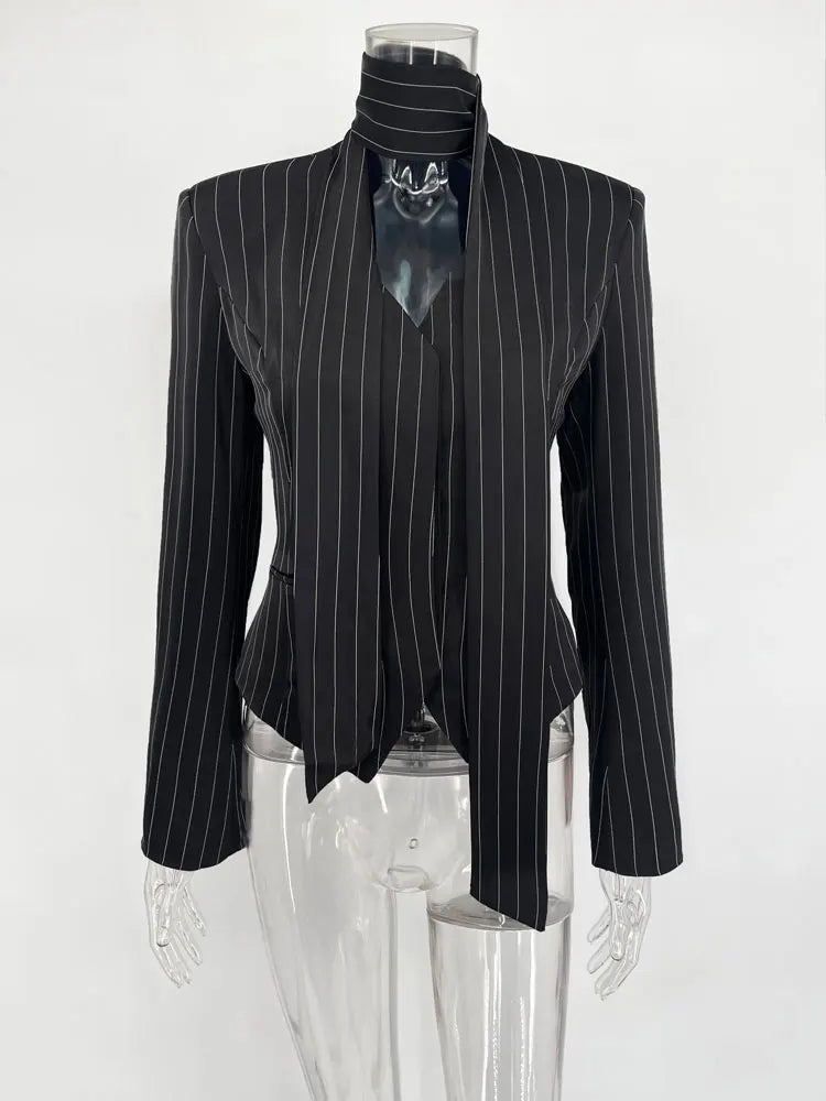 Tossy Elegant Female Striped Suit Coat For Women Scarf Lace-Up Patchwork V-Neck Long Sleeve Luxury Outwear Female Jackets Coat - MAGUSTA BEAUTY