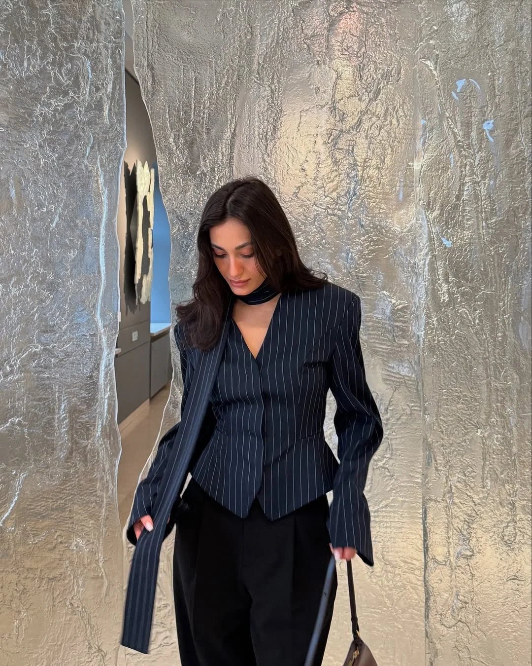 Tossy Elegant Female Striped Suit Coat For Women Scarf Lace-Up Patchwork V-Neck Long Sleeve Luxury Outwear Female Jackets Coat - MAGUSTA BEAUTY