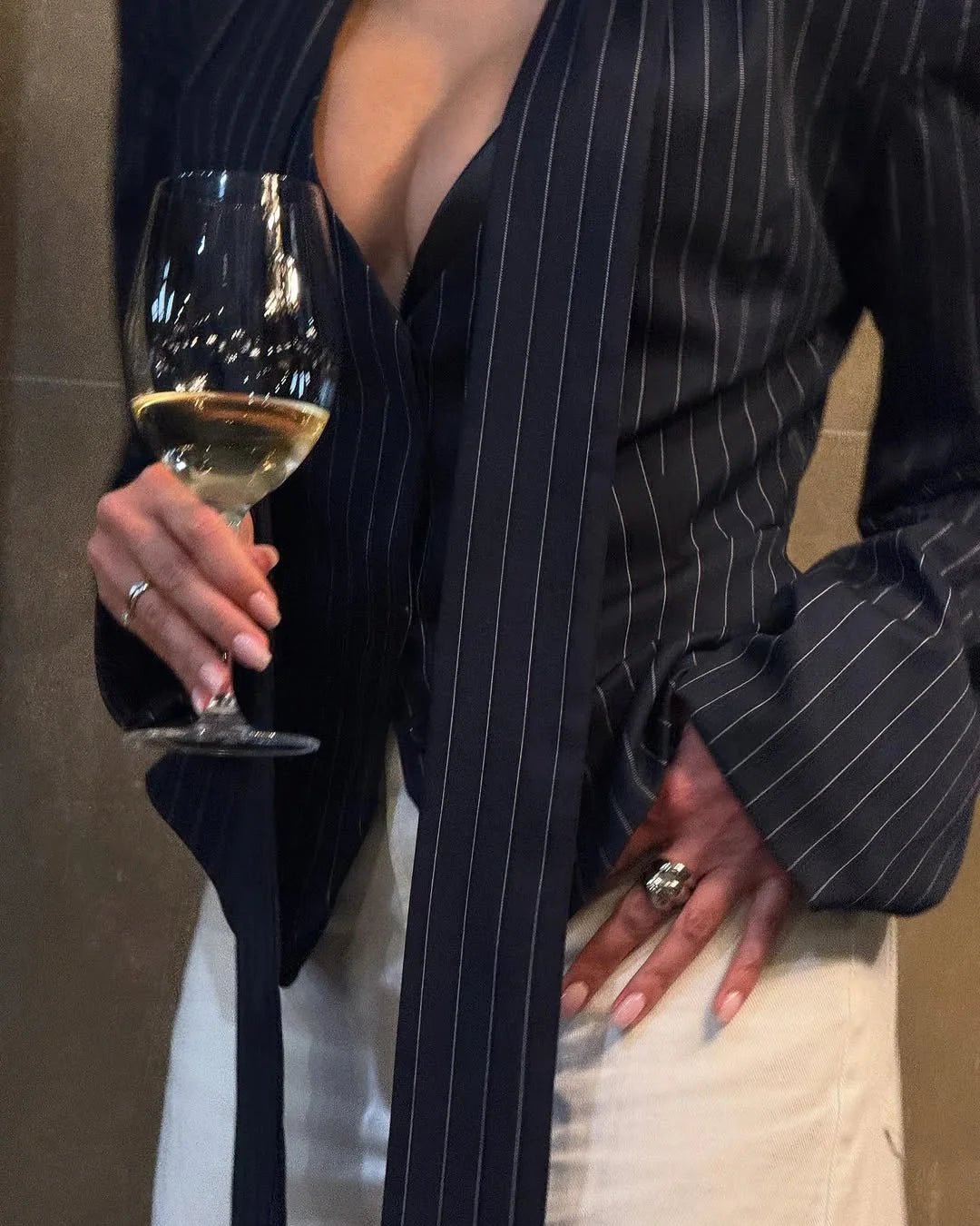 Tossy Elegant Female Striped Suit Coat For Women Scarf Lace-Up Patchwork V-Neck Long Sleeve Luxury Outwear Female Jackets Coat - MAGUSTA BEAUTY