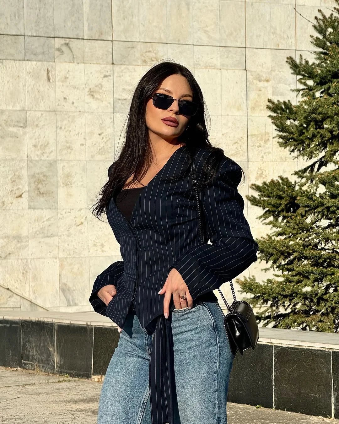 Tossy Elegant Female Striped Suit Coat For Women Scarf Lace-Up Patchwork V-Neck Long Sleeve Luxury Outwear Female Jackets Coat - MAGUSTA BEAUTY