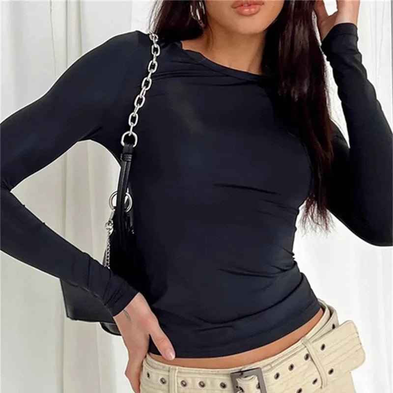 TUSHANGGE Women Long Sleeve T Shirt Spring Autumn Solid Casual Shirts Female Pullovers Tee Y2k Clothes Streetwear Crop Tops - MAGUSTA BEAUTY