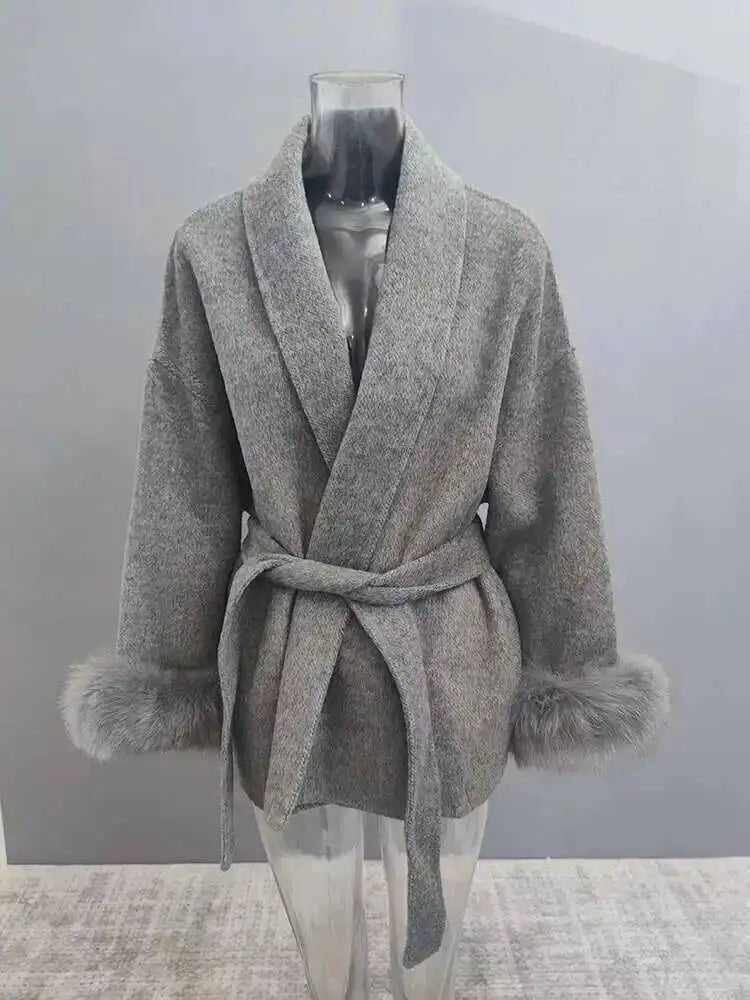 UCXQ Elegant OL Office Lady Overcoats Fur Patchwork Long Sleeve Woolen Coat Beautiful Women's Clothing Jacket Autumn 2025 Winter - MAGUSTA BEAUTY