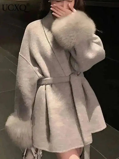 UCXQ Elegant OL Office Lady Overcoats Fur Patchwork Long Sleeve Woolen Coat Beautiful Women's Clothing Jacket Autumn 2025 Winter - MAGUSTA BEAUTY