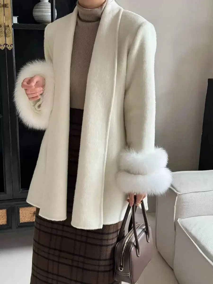 UCXQ Elegant OL Office Lady Overcoats Fur Patchwork Long Sleeve Woolen Coat Beautiful Women's Clothing Jacket Autumn 2025 Winter - MAGUSTA BEAUTY
