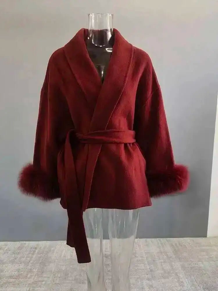 UCXQ Elegant OL Office Lady Overcoats Fur Patchwork Long Sleeve Woolen Coat Beautiful Women's Clothing Jacket Autumn 2025 Winter - MAGUSTA BEAUTY
