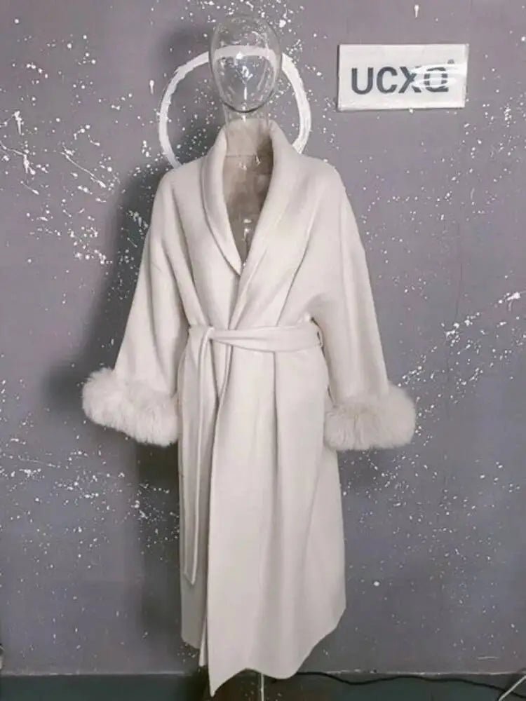 UCXQ Elegant OL Office Lady Overcoats Fur Patchwork Long Sleeve Woolen Coat Beautiful Women's Clothing Jacket Autumn 2025 Winter - MAGUSTA BEAUTY
