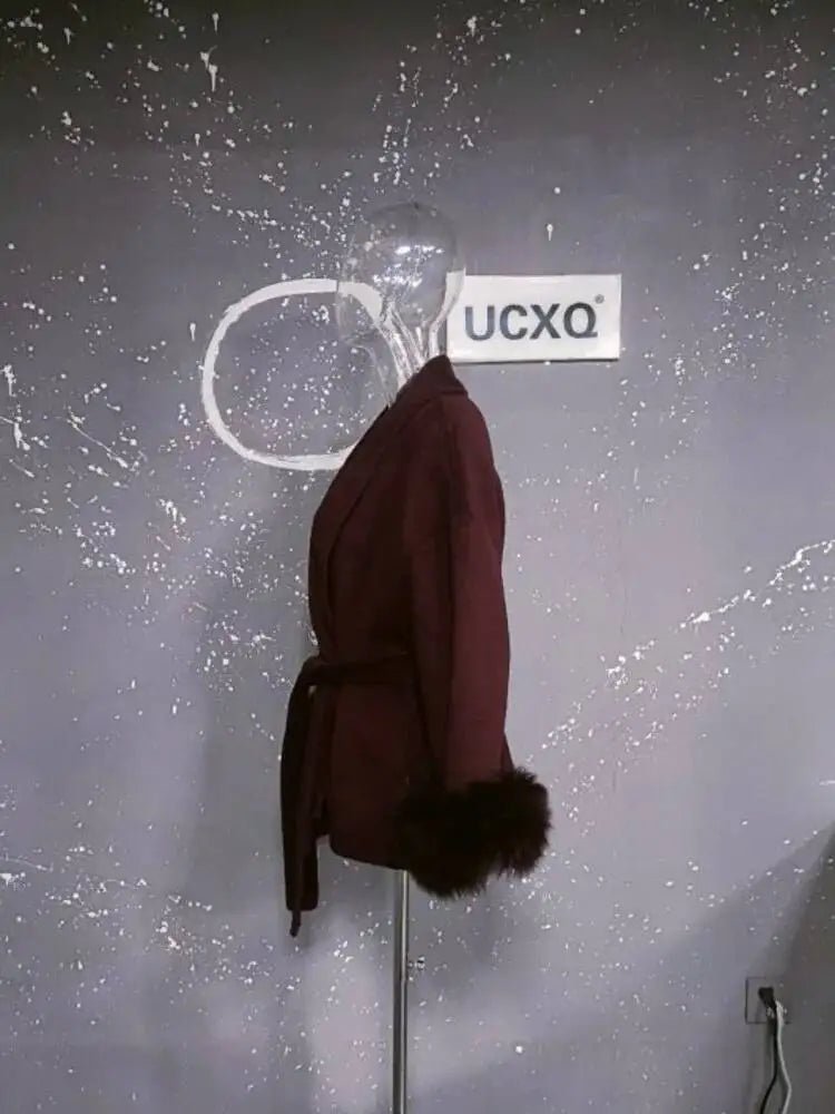 UCXQ Elegant OL Office Lady Overcoats Fur Patchwork Long Sleeve Woolen Coat Beautiful Women's Clothing Jacket Autumn 2025 Winter - MAGUSTA BEAUTY