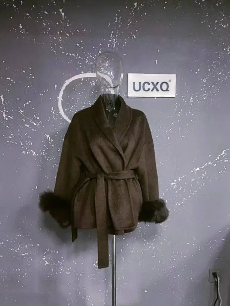 UCXQ Elegant OL Office Lady Overcoats Fur Patchwork Long Sleeve Woolen Coat Beautiful Women's Clothing Jacket Autumn 2025 Winter - MAGUSTA BEAUTY