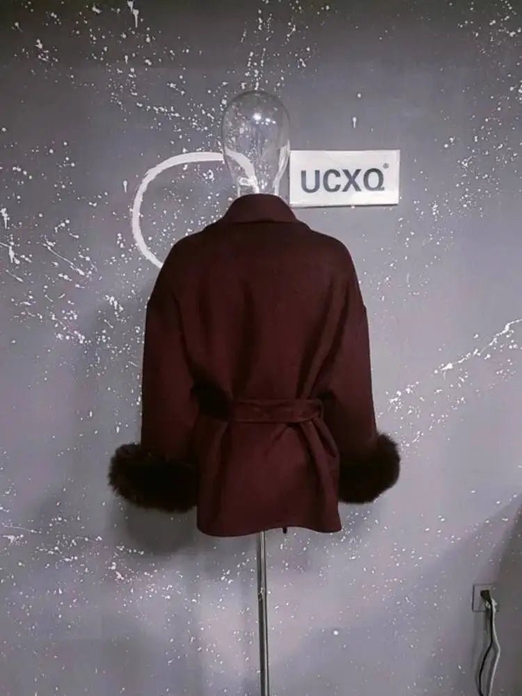 UCXQ Elegant OL Office Lady Overcoats Fur Patchwork Long Sleeve Woolen Coat Beautiful Women's Clothing Jacket Autumn 2025 Winter - MAGUSTA BEAUTY
