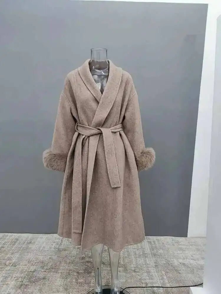 UCXQ Elegant OL Office Lady Overcoats Fur Patchwork Long Sleeve Woolen Coat Beautiful Women's Clothing Jacket Autumn 2025 Winter - MAGUSTA BEAUTY