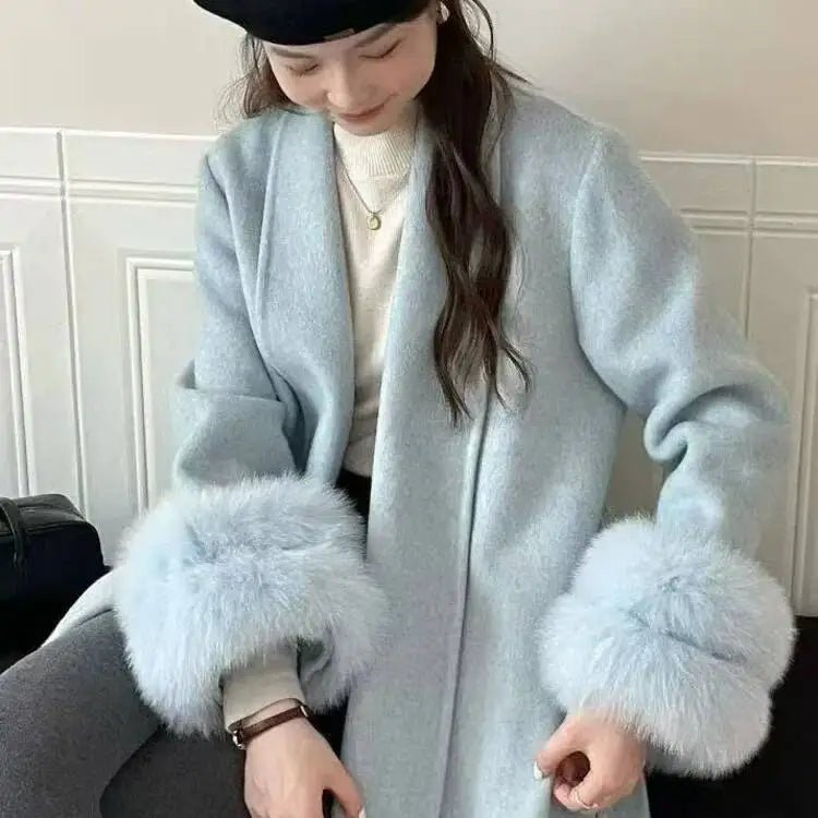 UCXQ Elegant OL Office Lady Overcoats Fur Patchwork Long Sleeve Woolen Coat Beautiful Women's Clothing Jacket Autumn 2025 Winter - MAGUSTA BEAUTY