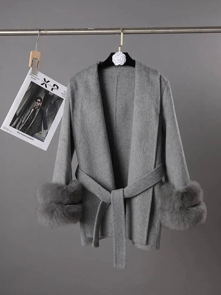 UCXQ Elegant OL Office Lady Overcoats Fur Patchwork Long Sleeve Woolen Coat Beautiful Women's Clothing Jacket Autumn 2025 Winter - MAGUSTA BEAUTY