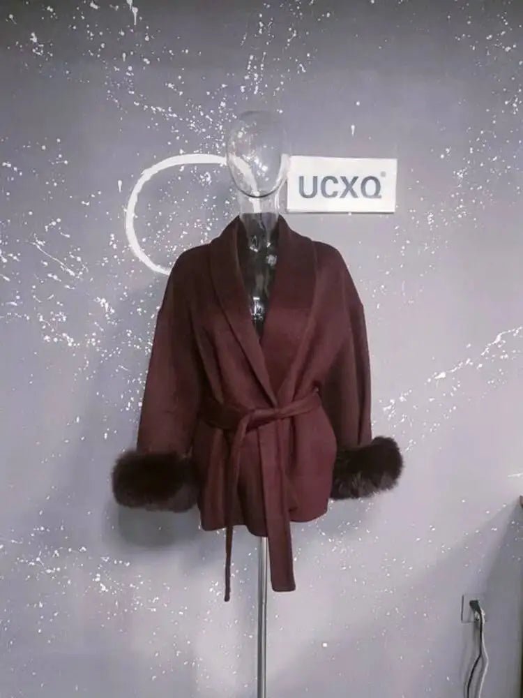 UCXQ Elegant OL Office Lady Overcoats Fur Patchwork Long Sleeve Woolen Coat Beautiful Women's Clothing Jacket Autumn 2025 Winter - MAGUSTA BEAUTY