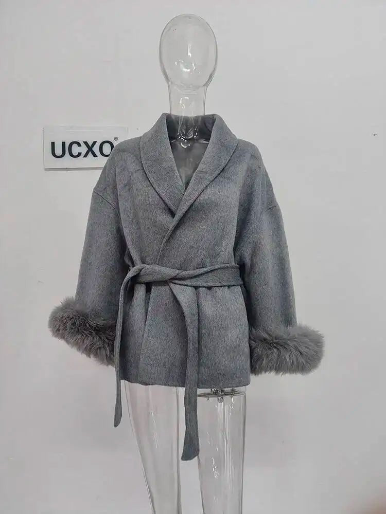 UCXQ Elegant OL Office Lady Overcoats Fur Patchwork Long Sleeve Woolen Coat Beautiful Women's Clothing Jacket Autumn 2025 Winter - MAGUSTA BEAUTY