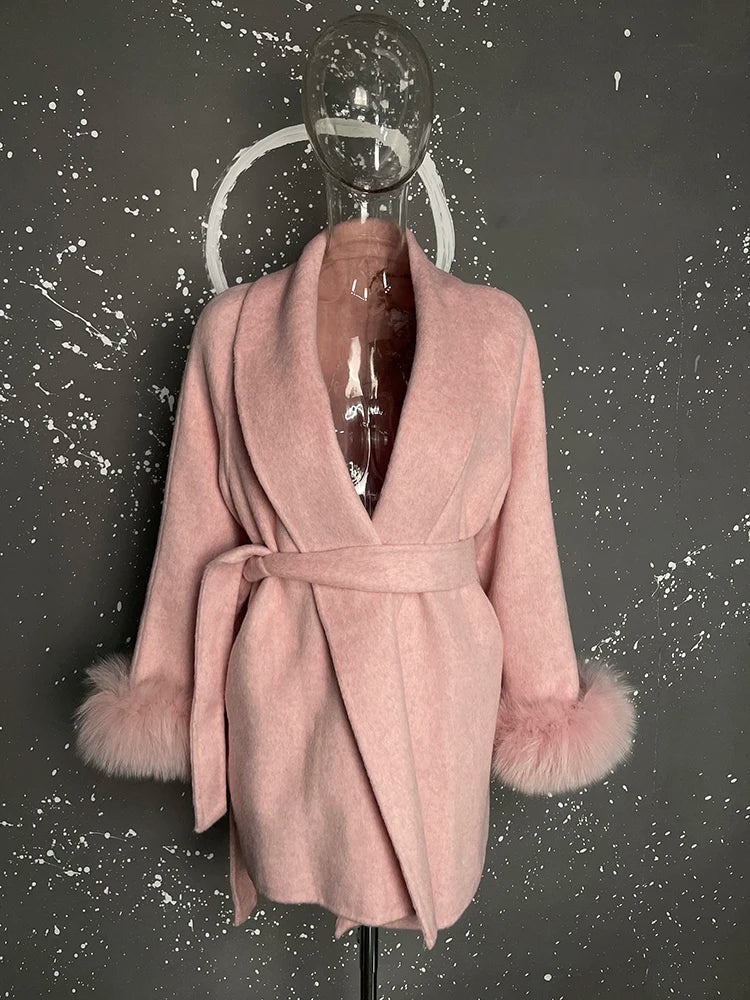 UCXQ Elegant OL Office Lady Overcoats Fur Patchwork Long Sleeve Woolen Coat Beautiful Women's Clothing Jacket Autumn 2025 Winter - MAGUSTA BEAUTY