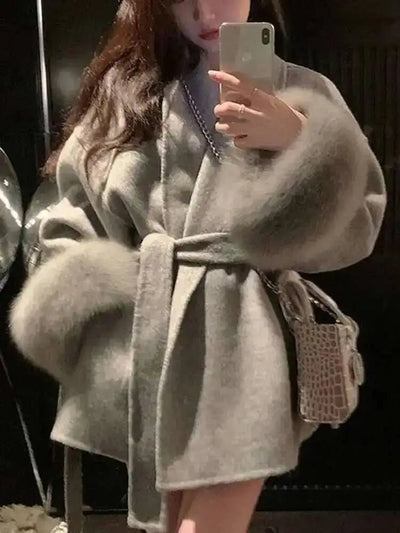 UCXQ Elegant OL Office Lady Overcoats Fur Patchwork Long Sleeve Woolen Coat Beautiful Women's Clothing Jacket Autumn 2025 Winter - MAGUSTA BEAUTY